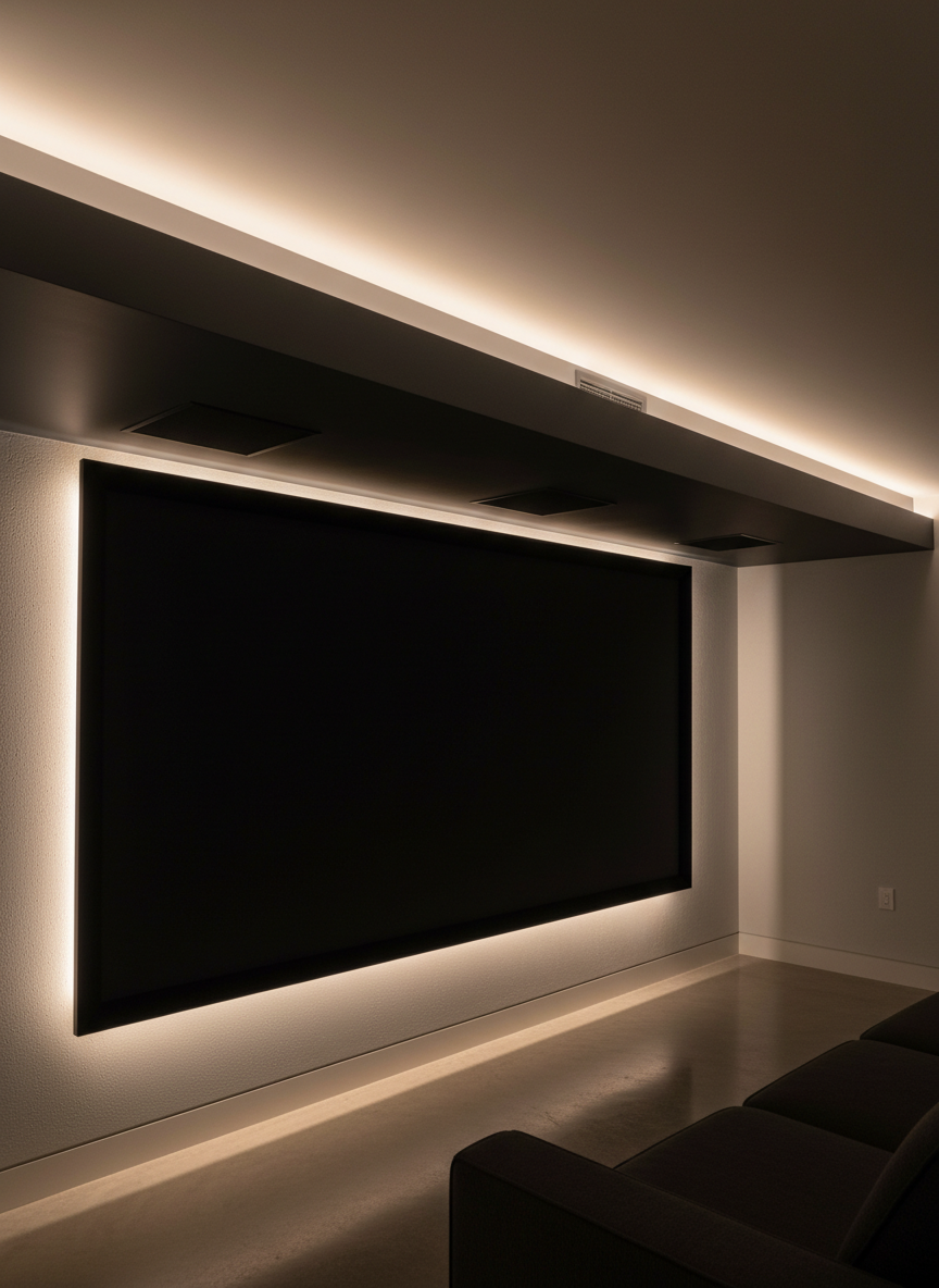A sleek, modern bulkhead in a renovated basement home theatre, painted in deep charcoal grey with integrated linear LED strip lighting recessed along the underside edge. The bulkhead runs across the ceiling above a large wall, concealing wiring and speakers, and features clean, uninterrupted lines. Dim, controlled lighting from the LED strips casts a soft glow on the adjacent ceiling and wall, creating a sophisticated yet functional atmosphere. Captured in photographic realism from a low angle facing upward, the composition emphasizes the technical precision and seamless integration of the bulkhead. The mood is polished, contemporary, and professional, ideal for showcasing value-added bulkhead solutions in Edmonton homes.