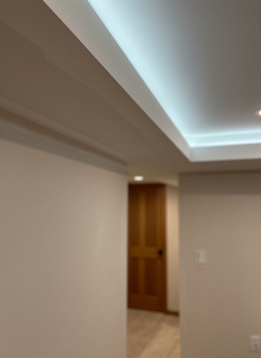 A detailed close-up of a bulkhead junction in a finished basement hallway, showing the intersection where the bulkhead meets the ceiling and wall with flawless taping, mudding, and sanding. The drywall surface is smooth and ready for paint, with crisp, sharp edges framed by simple white trim along the ceiling. Neutral, cool LED lighting illuminates the corner from above, creating subtle highlights and soft shadows that accentuate the straight lines and craftsmanship. Captured in photographic realism with a shallow depth of field, the bulkhead corner is in sharp focus while the hallway gently blurs, evoking a professional, precise, and trustworthy atmosphere ideal for showcasing attention to detail.