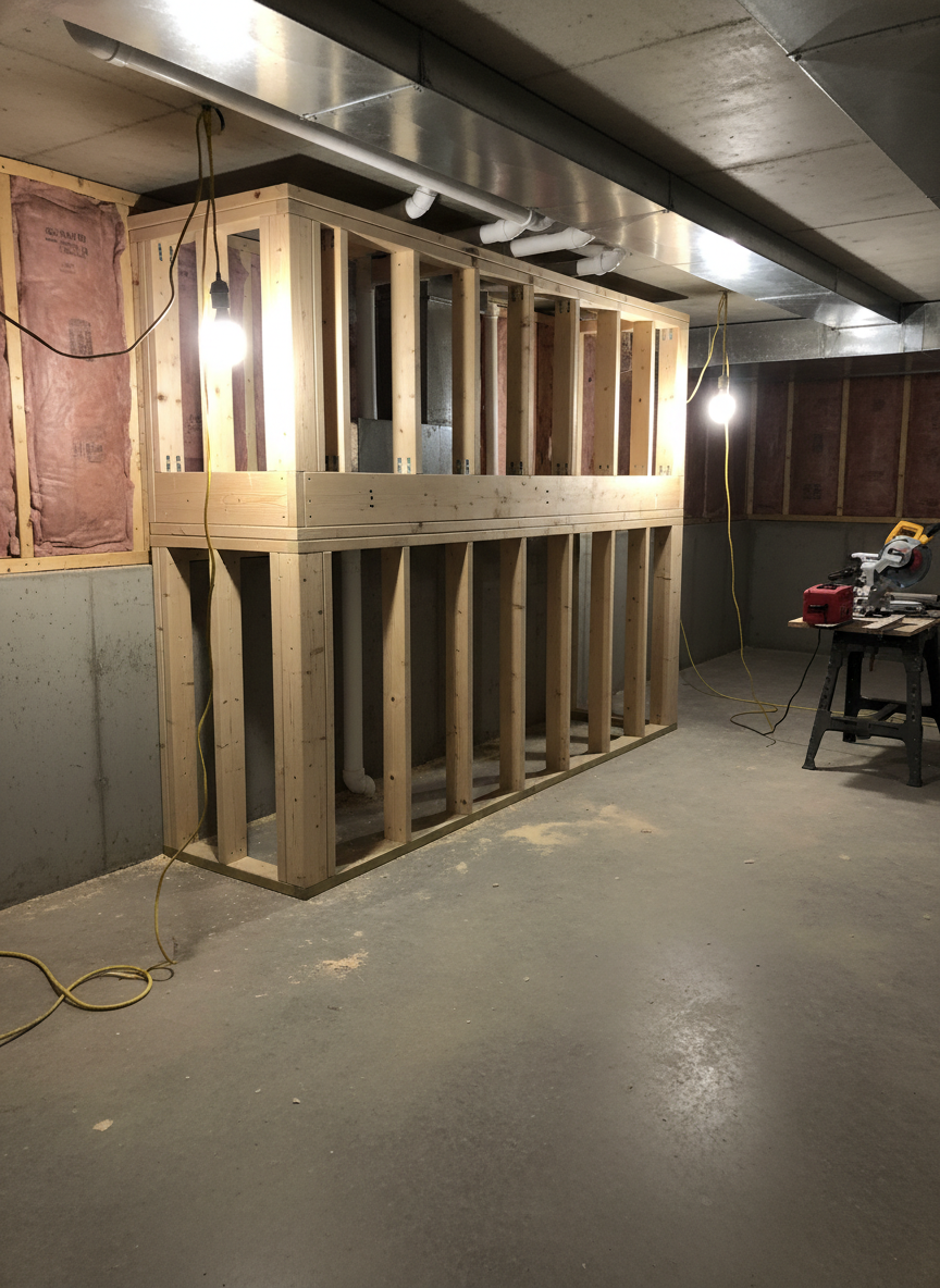 An unfinished construction scene in an Edmonton basement where a new bulkhead is being framed. Exposed light-coloured lumber studs carefully outline a rectangular bulkhead around metal ductwork and PVC plumbing along the ceiling. The concrete floor and partially insulated exterior wall create a raw, in-progress environment. Overhead temporary work lights cast bright, utilitarian illumination, creating clear shadows from the clean, straight framing members. Photographed in photographic realism from a slightly elevated angle, the composition highlights the bulkhead framing as the central subject, with sharp focus on the construction details. The overall mood is practical, efficient, and professional, emphasizing speed and competence in building functional bulkheads.