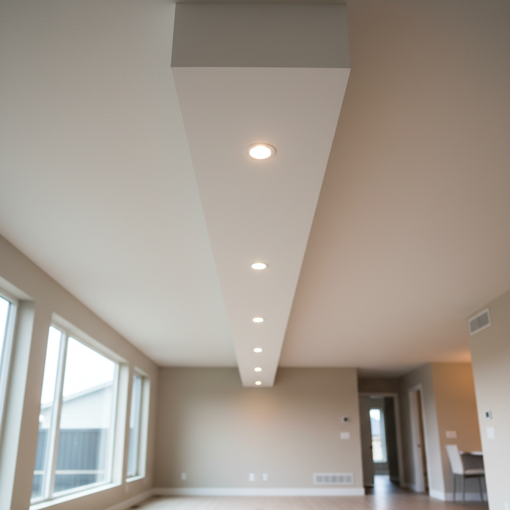 A wide-angle photographic realism shot of a long, straight ceiling bulkhead running the length of a bright, open-concept living room in an Edmonton home. The bulkhead is painted matte white, seamlessly integrated into the ceiling and punctuated with evenly spaced recessed LED pot lights. Natural afternoon light pours in through large windows, combining with the warm artificial lighting to create a balanced, well-lit environment. The camera is positioned slightly below ceiling height, angled upward to emphasize the bulkhead’s length and precision. The background features blurred, neutral-toned walls and clean lines, reinforcing a modern, efficient, and professional atmosphere focused on fast, well-executed installation.